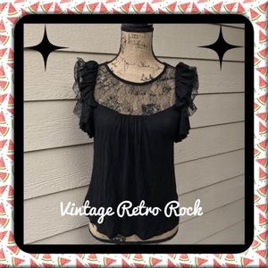 Jaloux Lace Ruffle Blouse Top Short Sleeve Black XS